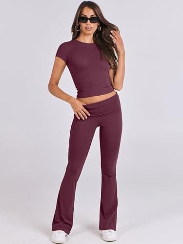 ANRABESS Lounge Sets for Women 2 Piece Foldover Yoga Flare Leggings Pants Crop Tops Casual Y2K Outfits Matching Tracksuit Set thumbnail 7