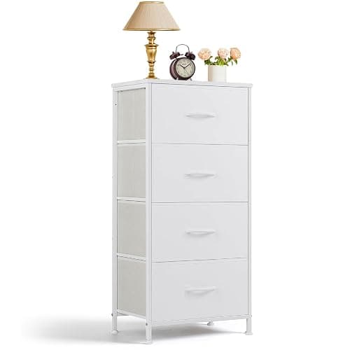 Nightstand, 4 Drawer Dresser End Table Bedside Furniture with Wooden Top Steel Frame Fabric Bins for Bedroom, Closet, Entryway, Dorm, Living Room, White - Image 1