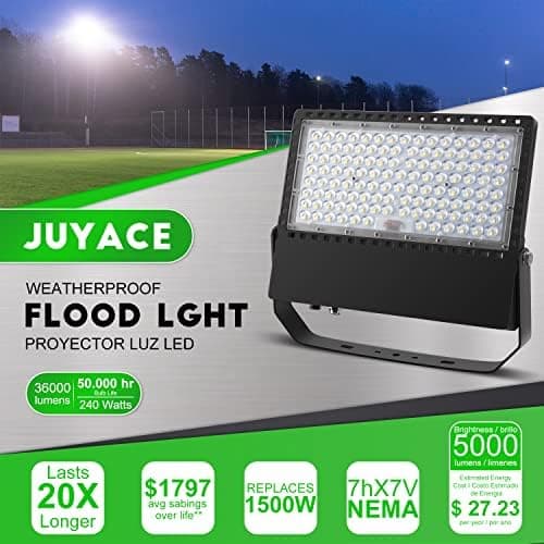 Juyace 240W LED Stadium Lights Outdoor 1500 Watt Equivalent Wider Lighting Angle Led Flood 100-277V 36000LM 5000K Daylight Commercial Arena for Sports Fields and Court (3 Pack) thumbnail 7