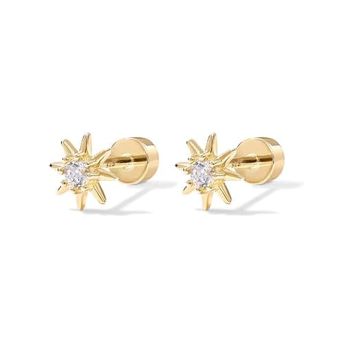 PAVOI 14K Gold Plated Solid 925 Sterling Silver Post Flat Back Stud Earrings for Women | Cartilage Helix Piercing | Cubic Zirconia Earrings - Yellow Gold - Star thumbnail 3
