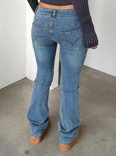 Justalwart Women's Stretch Low Rise Double Button Elastic Skinny Vintage Flare Jeans - Blue Washed - X-Small thumbnail 3