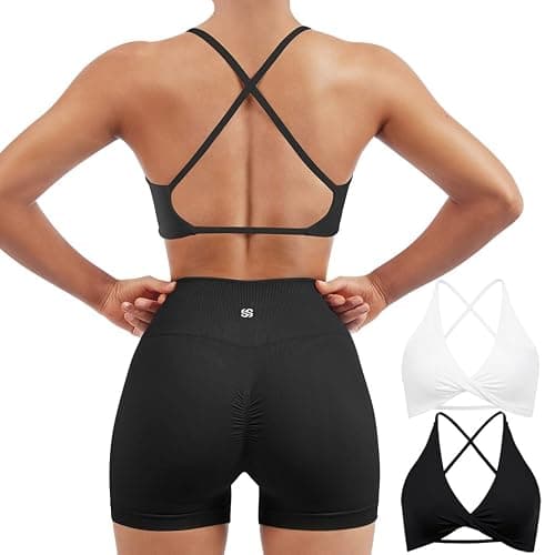 SUUKSESS Women 2 Piece Open Back Strappy Sports Bra Pack Twist V Neck Workout Crops - Image 1
