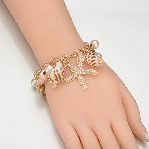 FUTIMELY Starfish Shell Bracelet Gold Chunky Starfish Bracelet Bohemian Pearl Charm Bracelet Mermaid Costume Jewelry for Women thumbnail 2