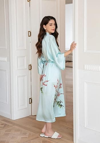 Kwedhonjh Women's Classic 100% Silk Kimono Robe, Bathrobe—Printed Pattern thumbnail 4