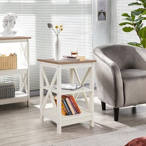 PHI VILLA End Table Living Room Set of 2 - Farmhouse Bed Side Table Nightstands for Bedroom, Ivory White Small Side Table - Ivory thumbnail 4