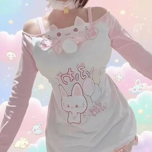 Y2K Cutecore Kawaii Teen Shirt Women Off Shoulder Sweet Oversize Japan Cartoon Print Cute Tshirt Top Clothes thumbnail 2