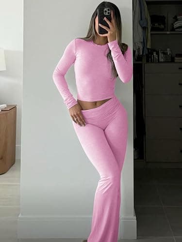 ZFLM Casual Workout Two Piece Outfits Long Sleeve High Waist Fold-Over Flared Leggings Pants Tracksuit Sets Streetwear thumbnail 5