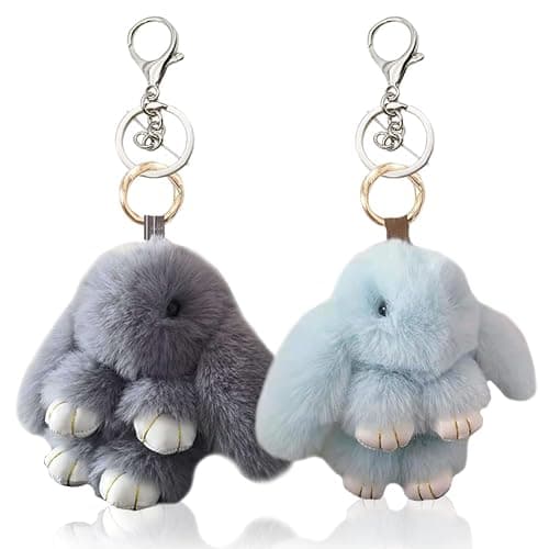 YIKISVUJ 2 Pieces Plush Rabbit Keychain, Soft Mini Bunny Keyring, Cute Key Pendant Chain, Handbag Purse Decoration (Gray + Blue) - Image 1