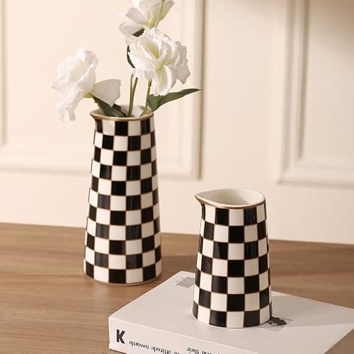 Porlien Checker Porcelain Flower Vase Home Decor Set of 2 with 5.5' High and 8' High Flower Bottle thumbnail 2