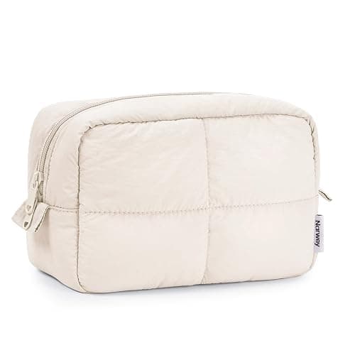 Narwey Puffy Makeup Bag for Travel Women Girl, Quilted Makeup Bag Cosmetic Bag, Cute Puffer Make up Organizer Bags, Travel Toiletry Bag Toiletries (Beige) - Image 1