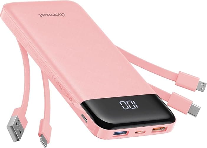 Charmast Portable Charger with Built in Cables, Power Bank with Cords Wires, Slim 10000mAh Travel Battery Pack 6 Outputs 3 Inputs 3A Fast Charging for Samsung Google Pixel LG Moto iPhone iPad - Image 1