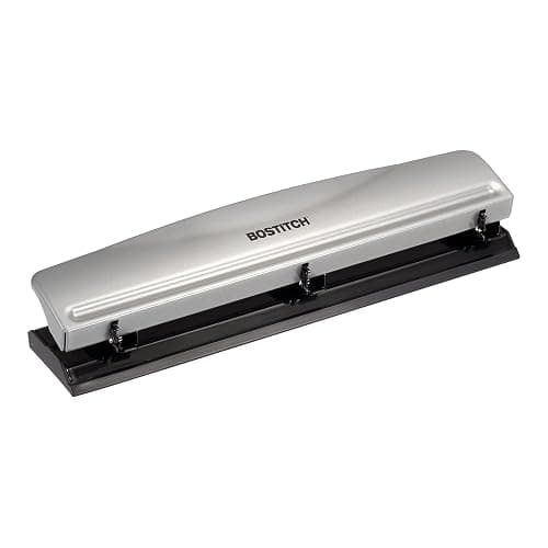 Bostitch Office Premium 3 Hole Punch, 12 Sheet Capacity, Metal, Rubber Base, Easy-Clean Tray, Silver - Image 1