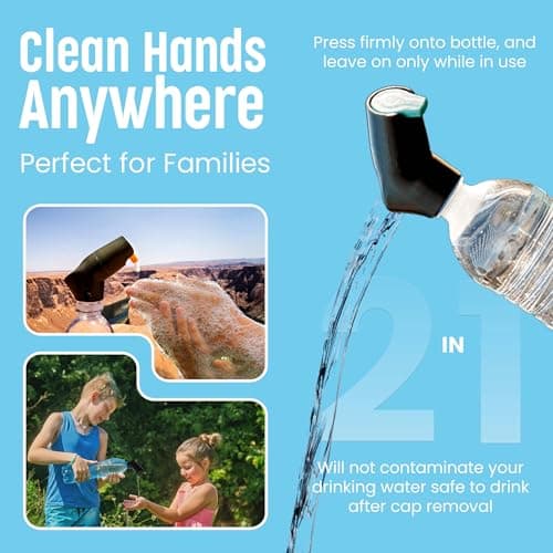 Suds2Go Refillable Caps, 2 Pack - Universal Fit Turns Most Disposable Water Bottles Into A Hand Washing Station - Includes Refillable Soap Reservoir - Conveniently Sized to Take on The Go - Black thumbnail 3