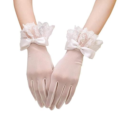 R STAR Floral Short Lace Gloves, Women Wrist Length Gloves for Wedding(B) - Image 1