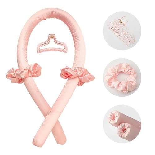 Heatless Curling Rod Headband No Heat Silk Ribbon Curling Rod Hair Roller Curls with Hair Claw Clip Lazy Natural Soft Wave DIY Hair Rollers Styling Tool for Sleep in Overnight (Pink) thumbnail 5