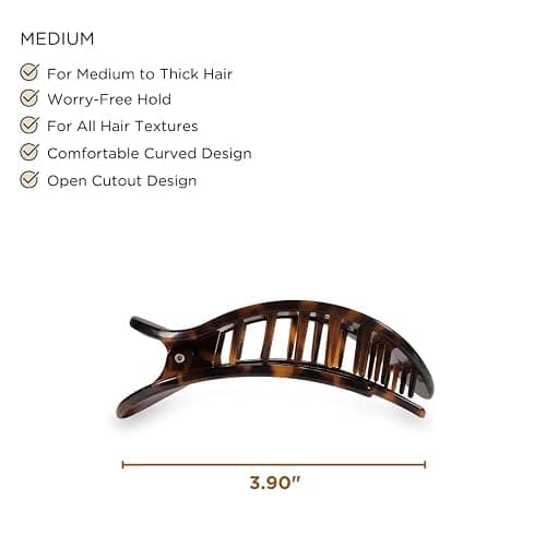TELETIES - Medium Flat Round Clip - Strong Grip, Bendable Teeth, Comfortable Curved Design - For Lying Down, Yoga, Driving & More - Ideal for Medium-Thick Hair - For All Hair Textures - Tortoise thumbnail 2