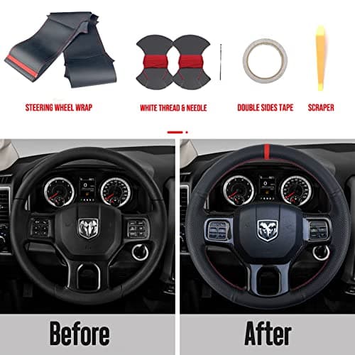 Black Side Perforated Leather Red Marker Steering Wheel Protector Cover Hand-Stitch on Wrap Fit for Dodge Ram Heavy Duty 1500/2500/3500/4500/5500 2013-2019 (Red Mark Strip) thumbnail 3