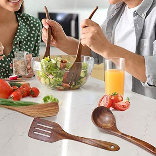 Lot de 6 Ustensiles de Cuisine en Bois de Teck Naturel - Grande Taille, Antiadhésifs, Cuillères, Spatule, Passoire - Durables thumbnail 2