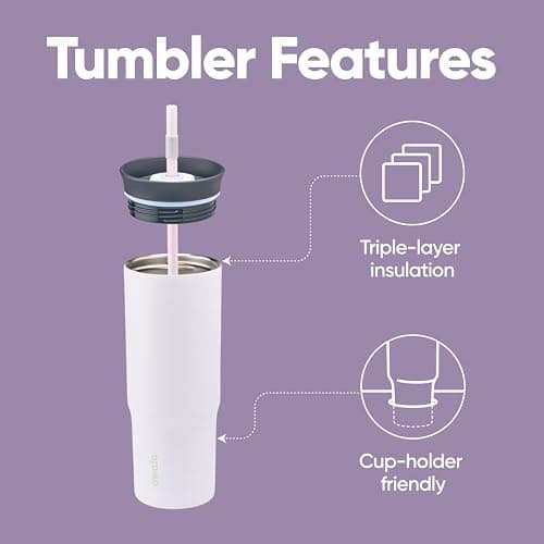 Owala Stainless Steel Triple Layer Insulated Travel Tumbler with Spill Resistant Lid and Straw, BPA Free, 24 oz, Grey/Purple (Bunny Hop) thumbnail 2