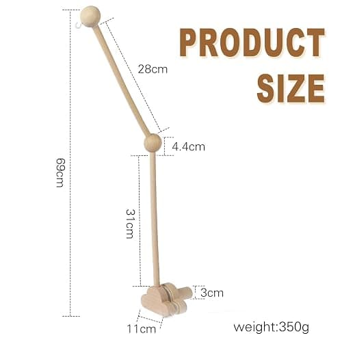 QOOWFEANIG Mobile for Crib,Baby Crib Mobile Arm 27.17inch,Strong Hold Anti Slip Attachment Clamp,Wooden Cloud Design Detachable Adjustable Holder Cute Cot Bed Bell Wind Chimes Hanger Bracket thumbnail 3