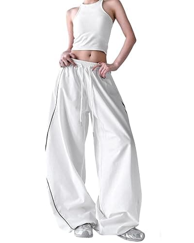 Unotobe Women's Y2K Baggy Parachute Pants High Waist Wide Leg Track Pants | Side Stripes Lightweight Cargo Joggers with Loose Fit Drawstring Elastic Waistband for Streetwear - Image 1