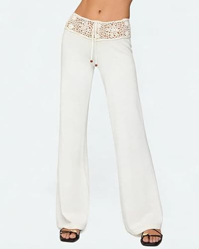 YANGCHA Women Summer Crochet Knit Pants Y2k Low Waist Drawstring Cover Up Pant Sexy Wide Leg Stretchy Hollow Out Beach Pants thumbnail 2