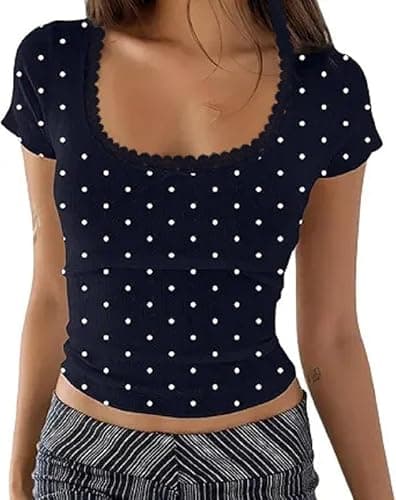 Women’s Polka Dot Lace Trim T Shirt Y2K Square Neck Short Sleeve T-Shirts Y2K Cute Ribbed Knit Cropped Slim Fit Tee - Image 1