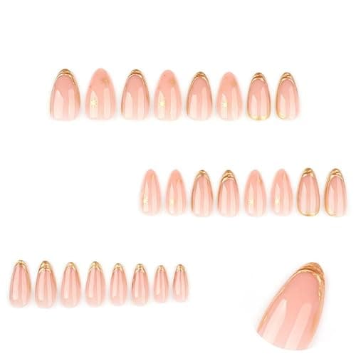 Foccna Press on Nails Almond Fake Nails with Gold Line Design Glue on Nails Acrylic Nails Glossy Full Cover Stick on Nails for Women 24Pcs thumbnail 2