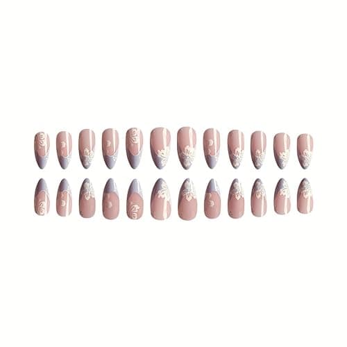 SWEKKE Short Almond Press-On Nails - Blue French Tip With White Flower Design - Glossy Stick-On Acrylic Nails for Women and Girls - 24 Pieces thumbnail 6