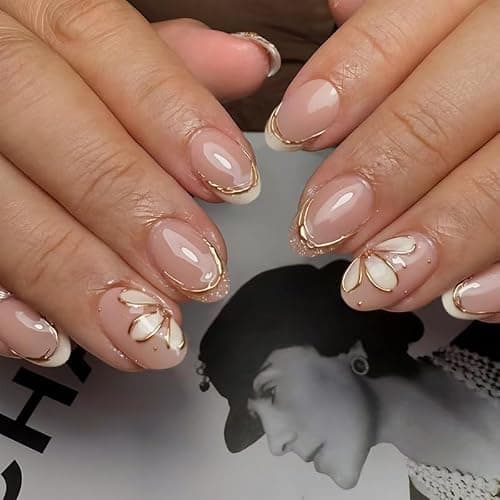 XZMeiLun 3D Gold Line French Tips Press On Nails Oval Short, White Flower French Tip Designer Reusable Acrylic Nails Press Ons, Fake Nails With Glue On Nail, Daily Wear Floral False Nails For Women - Image 1