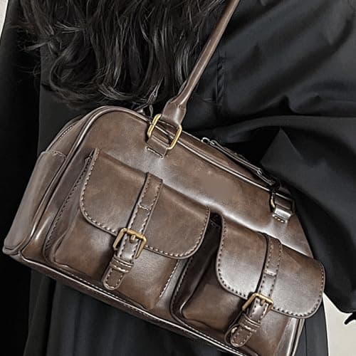 Y2k Shoulder Bag PU Leather Vintage Purse with Pendant Large Capacity Top Handle Y2k Purse for Shopping Work Travel thumbnail 2