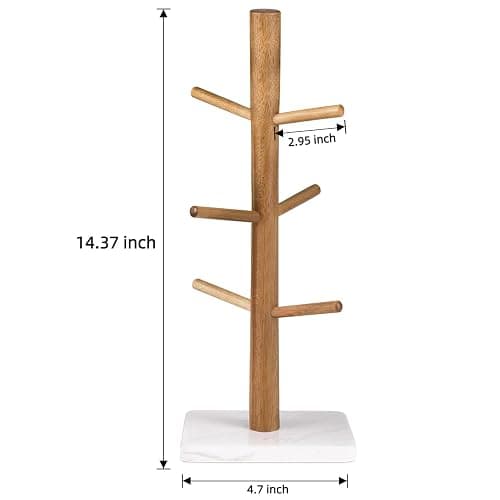 Buruis Wood Mug Holder, Marble Base Cup Rack Tree, Cup Stand Hanger, Kitchen Coffee Mug Tree Countertop Tea Cups Holder Stand, Coffee Mugs Dryer with 6 Hooks, White thumbnail 3