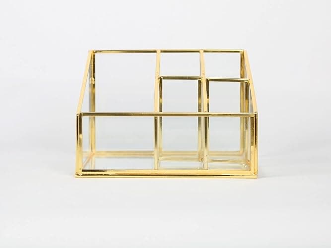 Gold Glass Desktop, Vantity, Make Up Storage Organiser - Dressing Table Top Jewellery Storage 5 Compartment Box - Bedroom thumbnail 3