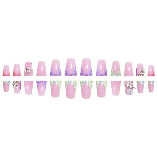 FIEONCIY Press on Nails Duck Shaped Glossy Full Cover Acrylic Duck False Nails with Designs Artificial Medium Duck Shaped Fake Nails with Charms Glue ons Fingernails for Women Girls(CC20) - French and Star Gems Rhinestone thumbnail 3