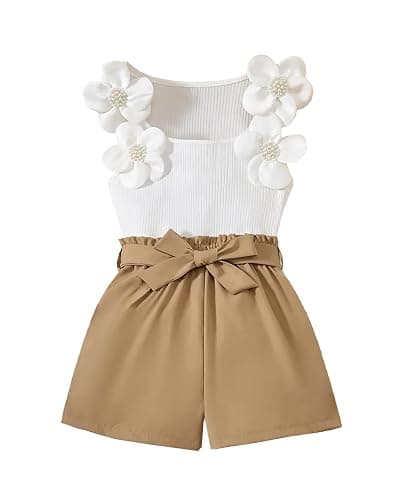 Momkonzz Girls Summer Clothes Set for Kids Flower Sleeveless Tank Top + Shorts + Belt Tween Outfits Size 7-12T - Image 1