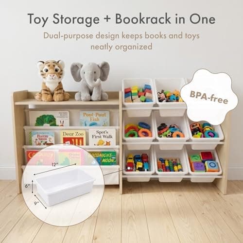 Humble Crew Toy Storage Organizer with Book Shelf and Top Shelf, 9 Removable Storage Bins for Kids Playroom, Toy Organization, Solid Wood, Natural/White thumbnail 4