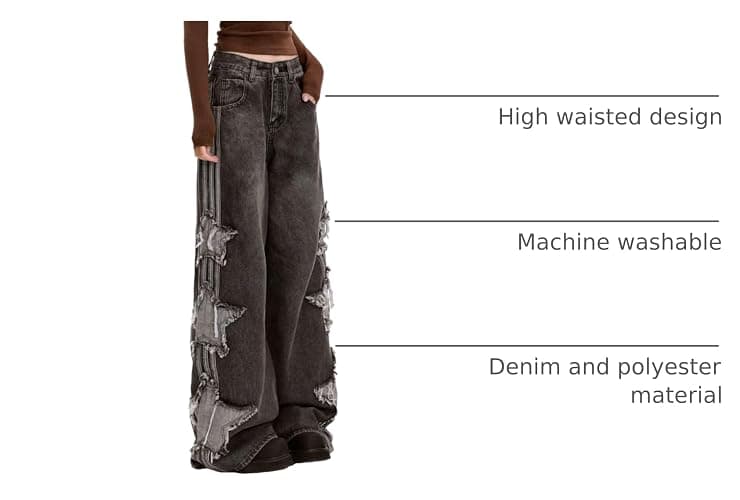 PEAINJ Star Jeans for Women Girls Baggy Cute Patchwork Denim Pants Y2k High Waisted Jeans Grunge Aesthetic Clothes thumbnail 4