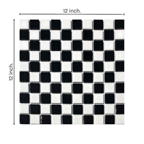 Tenedos Square Black and White Checker Board Porcelain Mosaic Wall Floor Tile Backsplash Shiny Look for Kitchen, Bathroom Shower, Accent Decor, Fireplace thumbnail 3