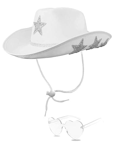 White Cowgirl Hat with Heart Sunglasses - Cowboy Hat with Glitter Star Fits Women for Bachelorette Themed Party - Image 1