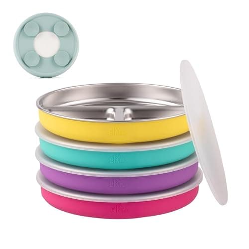 Elk and Friends Kids/Toddler 7.8" Stainless Steel Divided Plate + Lid | 4pk | Suitable for Babies | Silicone Suction Sleeves | Lids Included | Dishwasher Safe | Baby Weaning Supplies - Image 1