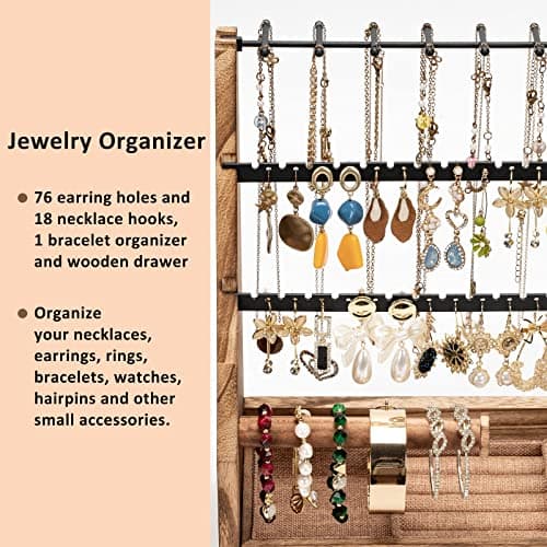 DGWJSU Jewelry Organizer Stand, 5 Layer Earring Holder Organizer with Necklace Holder, Rustic Wood Earring Organizer Display for Stud Earring Bracelet Necklace Ring, Watches thumbnail 4