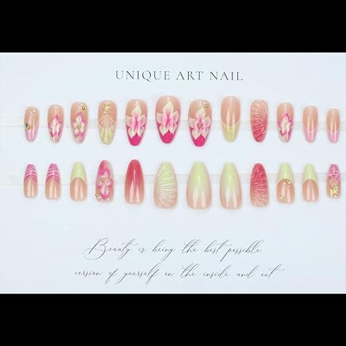 24Pcs French Tip Press on Nails Medium Almond Fake Nails with Gold Shell Starfish Rhinestones Summer False Nails Pink Hawaii Flower Acrylic Nail Cute Glue on Nails Floral Stick on Nail for Women thumbnail 9