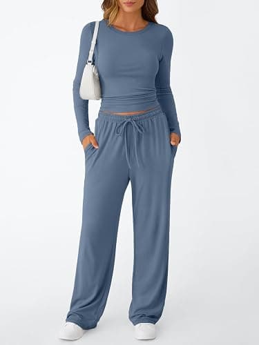 Trendy Queen Women's 2 Piece Matching Lounge Set Long Sleeve Side Ruching Top Wide Leg Drawstring Pants Set with Pockets thumbnail 2