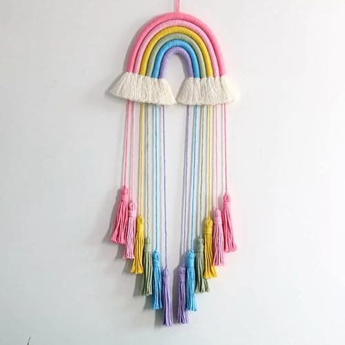 Honcas Rainbow Macrame Wall Hanging - Hand-Woven Cotton Tassel Tapestry Decor for Baby Room, Nursery, and Home Decor (Pink Rainbow) thumbnail 7
