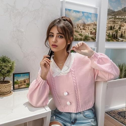 FindThy Women's Y2K Pullover Sweater Sweet Lantern Sleeve Bowtie Knit Crop Jumper Tops thumbnail 4