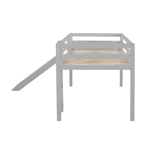 Harper & Bright Designs Twin Size Loft Bed Frame with Slide for Kids, Solid Wood Low Loft Bed with Guardrail and Ladders, Multifunctional Design, Gray thumbnail 6