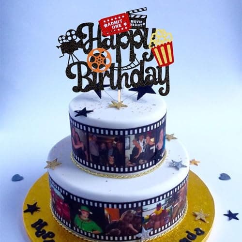 Confetti! Movie Night Cake Topper Happy Birthday Sign Cake Pick Decorations for Theater Video Recorder Roll Camera Popcorn Hollywood/Bollywood Theme Birthday Party Supplies thumbnail 4
