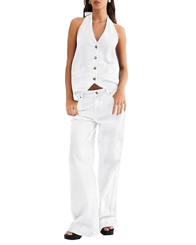 Fisoew Women's Two Piece Denim Set Button Down Backless Tank Top and Wide Leg Jeans 2 Piece Outfit Suits - Image 1