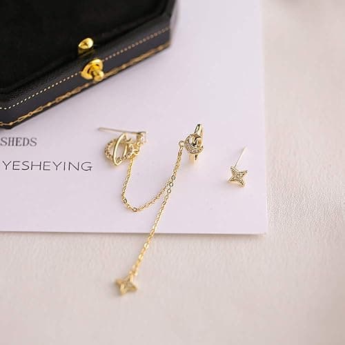 Planet CZ Moon Star Ear Cuff Wrap Clip On Crawler Climber Hoop 925 Sterling Silver Post Stud Chain Threader Tassel Asymmetric Earrings for Women Cute Hypoallergenic Gifts Daughter Bff Christmas thumbnail 4