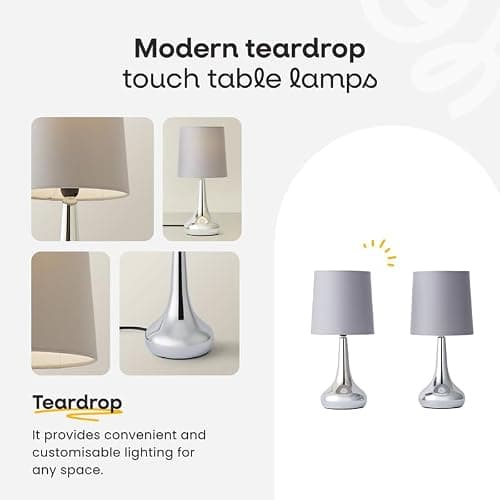MiniSun | Modern Chrome Teardrop Touch Table Lamps with Black Fabric Shades | Table Lamps, Home Décor & Improvement Essential | Set of 2 thumbnail 2